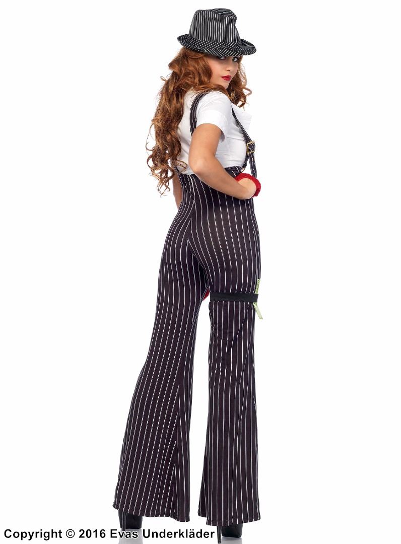 20s female gangster, costume jumpsuit, suspenders, vertical stripes